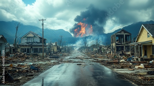 Movie still of cars driving away from an explosion on the street, in rainy weather, with dramatic lighting, in a cinematic style