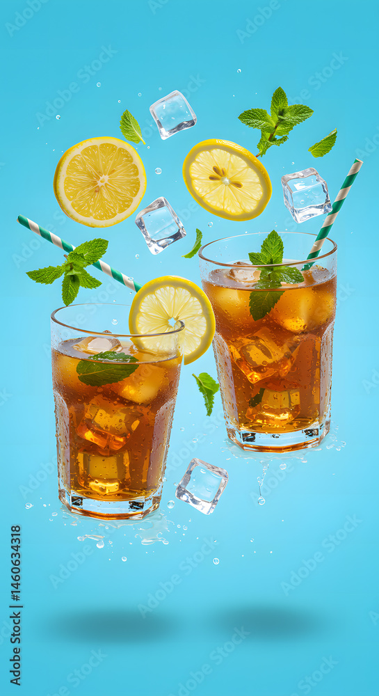 Hyper realistic floating iced tea elements lemon mint ice bright sky blue Hyper realistic floating iced tea elements lemon mint ice bright sky blue