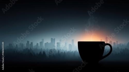 Coffee cup, city skyline, double exposure, sunrise, silhouette, forest, misty morning