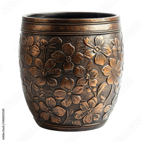 Embossed Floral Design Dark Brown Copper Flower Pot
