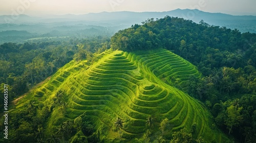 Terraced hill with vibrant green vegetation, set against a distant mountain range