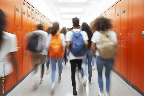 Diverse students walking school hallway motion blur orange lockers education back to school