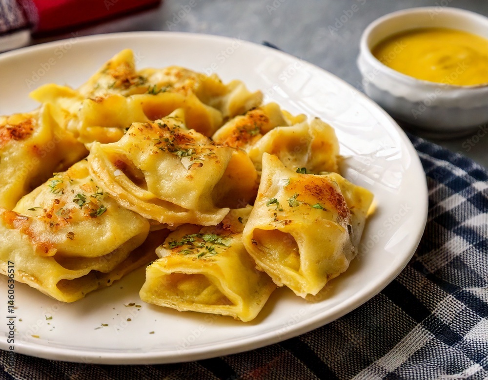 Close-up of sliced Maultaschen on a white plate with mustard sauce, traditional German kitchen towel beside, studio lighting for stock photography Close-up of sliced Maultaschen on a white plate with mustard sauce, traditional German kitchen towel beside, studio lighting for stock photography