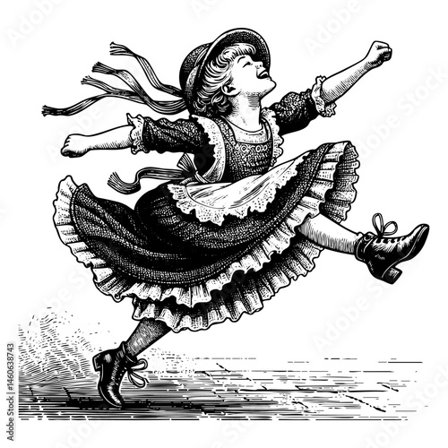 Happy kid dancing sketch engraving black and white outline. Scratch board imitation.
