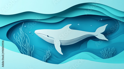 Fototapeta Naklejka Na Ścianę i Meble -  A paper cut style image of a whale swimming