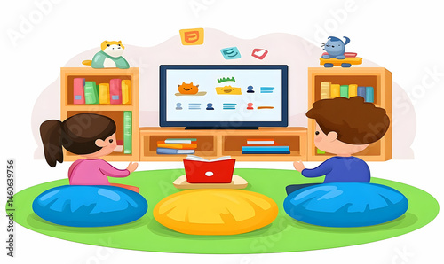 Children watching educational tv program in playful room
