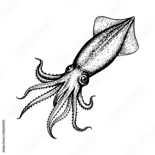 Squid sketch engraving black and white outline. Scratch board imitation.  illustrated in vintage line art style on a white background.