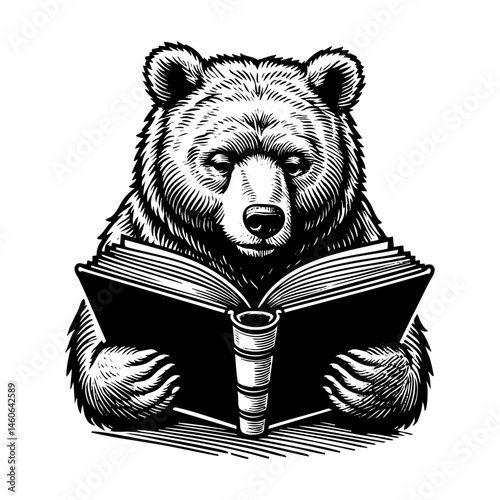 Bear reading book sketch engraving black and white outline. Scratch board imitation.