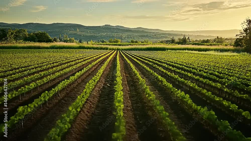 Tranquil Vineyard Vista: Rows of Grapevines at Golden Hour in a Scenic Landscape Tranquil Vineyard Vista: Rows of Grapevines at Golden Hour in a Scenic Landscape