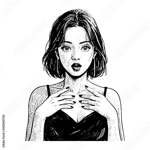 Woman shocked portrait sketch engraving black and white outline. Scratch board imitation.