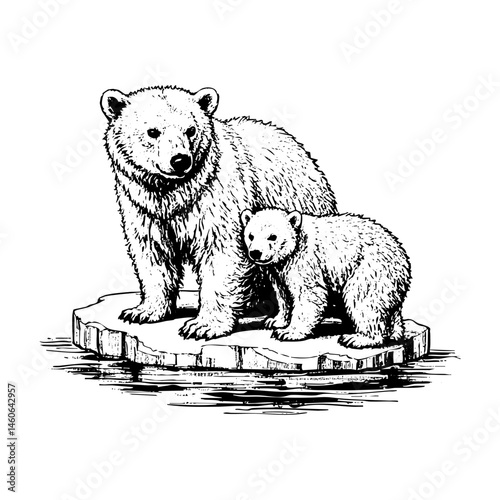 Polar bear on ice float engraving black and white outline. Scratch board imitation. illustrated in vintage line art style on a white background.