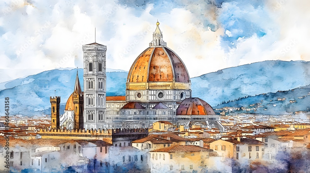 Fototapeta premium Artistic watercolor depiction of a city skyline.