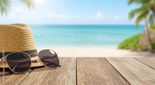 Rustic wooden table with sunglasses and a straw hat, beachy vibes.