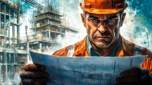 Engineer’s Face with Blueprint: An engineer’s face, intensely focused, holding a blueprint with a construction site visible behind. 
