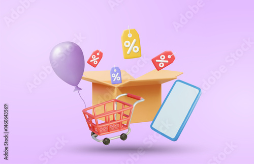 3D Vector Illustration Render of Open Parcel Box Icon with Floating Discount Sign, Mobile Phone, Shopping Cart and Balloons. Online Shopping Concept. Discount Promotion, Special Deal on Ecommerce.