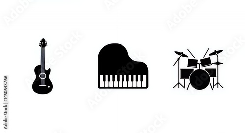 Musical Instruments Icons: Guitar, Piano, Drums