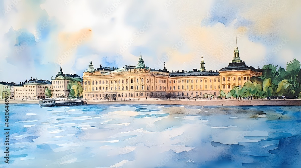 Obraz premium Watercolor painting of a european city by the water.