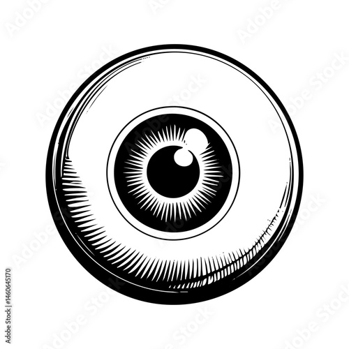 Eyeball with angel wings sketch engraving black and white outline. Scratch board imitation.
