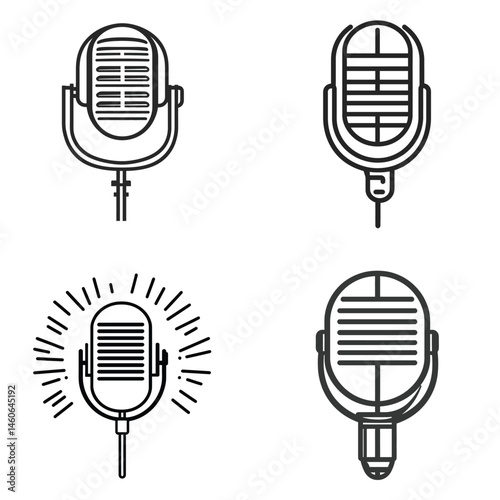 Microphone Icons Set Retro, Vintage Line Art, Transparent Background