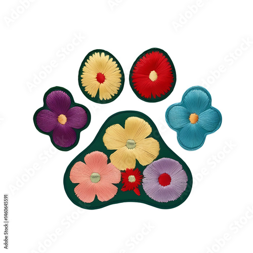 Cute Dog Paw Print with Soft Color Flowers, Whimsical pet paw icon filled with floral elements, cut out, png
