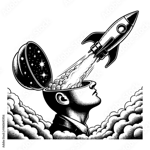 a rocket blasting off from an open-headed man sketch engraving black and white outline. Scratch board imitation.