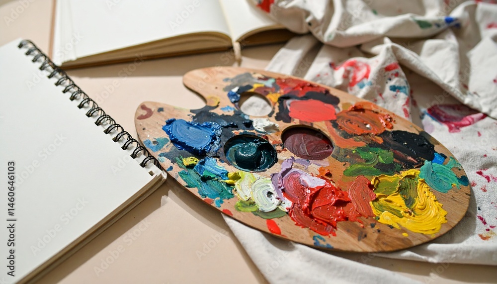 Fototapeta premium Artist palette with paint smeared over it next to a blank sketchbook