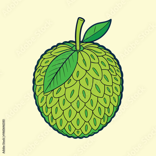 A Detailed Illustration of a Cherimoya Fruit with Vibrant Green Hues and Intricate Design Elements