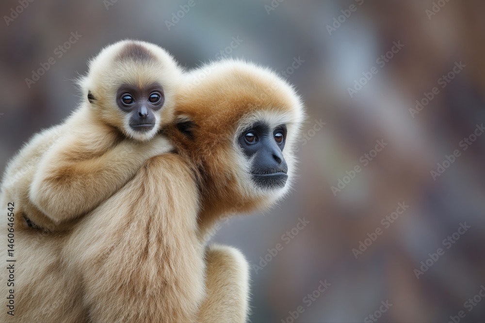 Fototapeta premium Photograph of a gibbon, mother and baby sitting on a tree trunk, forest landscape background on a bright sunny day