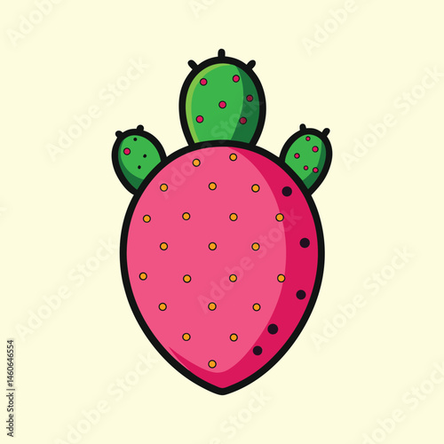 Vibrant Pink Prickly Pear Cactus Fruit Illustration with Green Pads