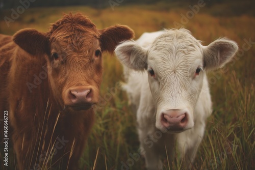 A photo of two cows in the grassland, with warm colors and sunset light shining on them. The cows are brown, white, or beige in color. 