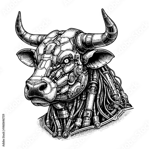 cybernetic bull with mechanical components, gears, and futuristic robotic details in steampunk style sketch engraving black and white outline. Scratch board imitation.