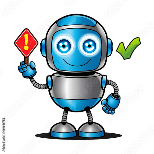 Tall Blue Robot with Warning and Checkmark Symbols, Cute android bot holding red and green indicators
