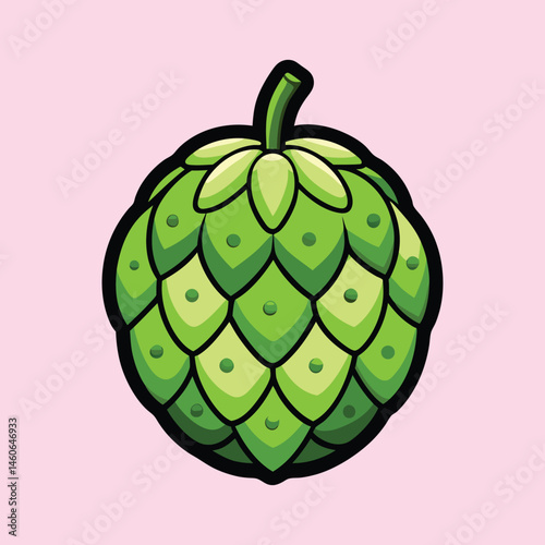 A vibrant illustration of a single hop cone a key ingredient in beer brewing showcasing its intricate green scales and detailed texture against a soft pink background