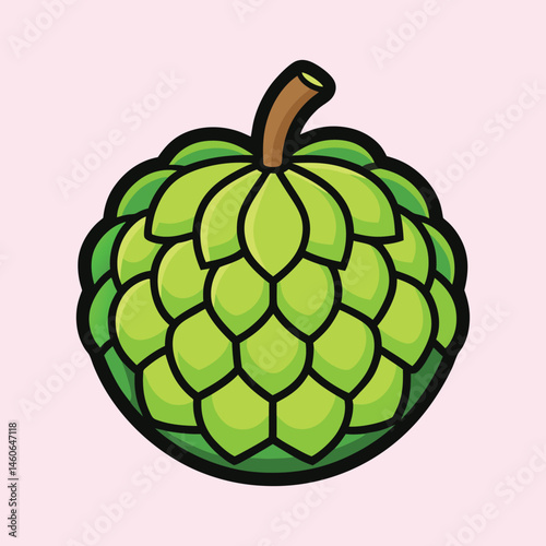 A Vibrant Illustration of a Cherimoya Fruit with Detailed Green Scales and a Brown Stem