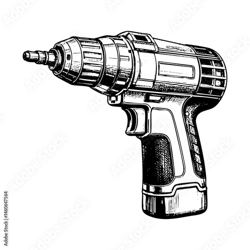 drill equipment sketch engraving black and white outline. Scratch board imitation.  illustrated in vintage line art style on a white background.