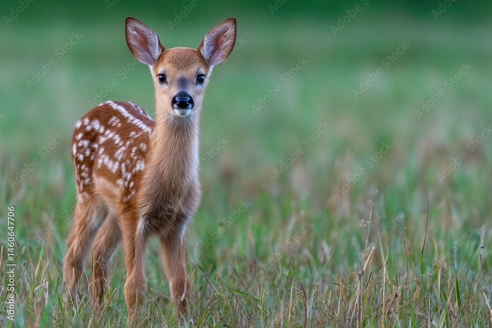 Fototapeta premium Spring Fawn in grassy meadow on a sunny day, with beautiful lush forest landscape background
