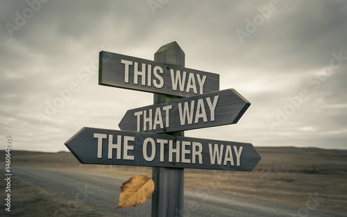 Wooden signpost with three directional arrows labeled 