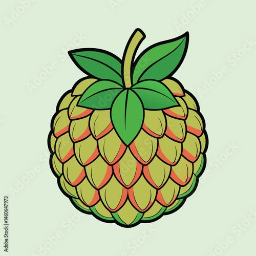 Illustration of a Cherimoya Fruit with Green Leaves and Scaly Texture