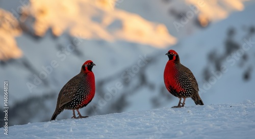 Chongqing mountain during winter -two red tragopan standing on the snow, with mountain landscape background, sunny day near dusk photo