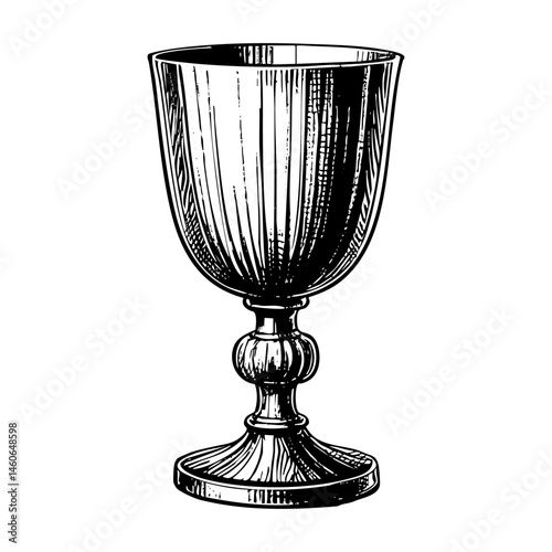 Antique cup trophy sketch engraving black and white outline. Scratch board imitation. illustrated in vintage line art style on a white background.