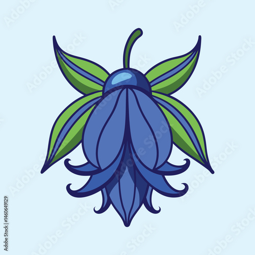 Stunning Blue Flower with Green Leaves Artistic Illustration Botanical Design