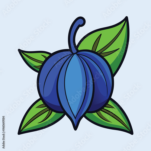 Vibrant Blue Fruit with Lush Green Leaves Artistic Illustration