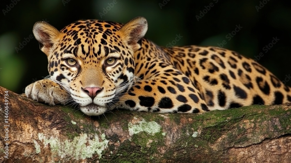 Obraz premium Jaguar's Gazing: Captivating portrait of a jaguar resting on a branch, its spotted coat and intense gaze. The perfect embodiment of the wild's beauty.