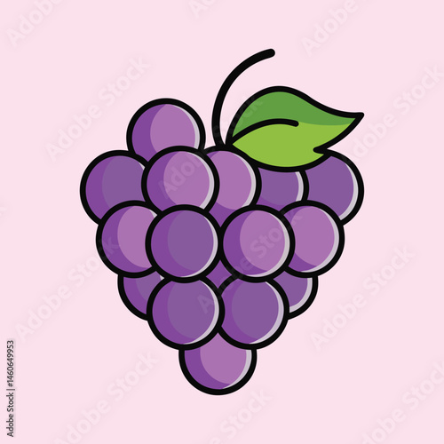 A Bunch of Purple Grapes with Green Leaf Illustration Cartoon Style