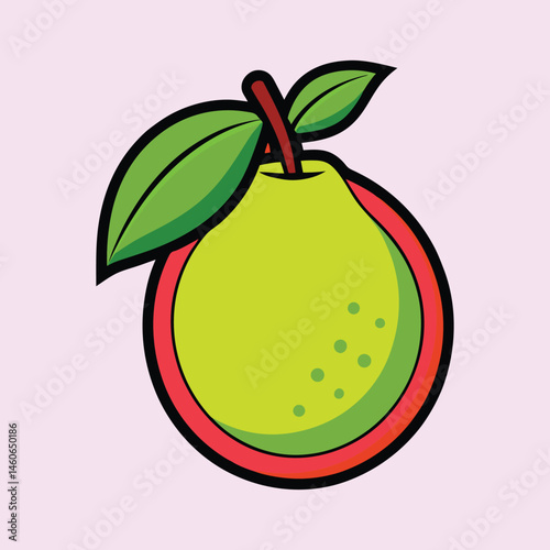 Stylized guava fruit vector illustration, green tropical guava with leaves on pink background, fresh organic fruit icon for food packaging