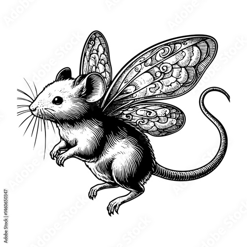 Rat with butterfly wing sketch engraving black and white outline. Scratch board imitation.