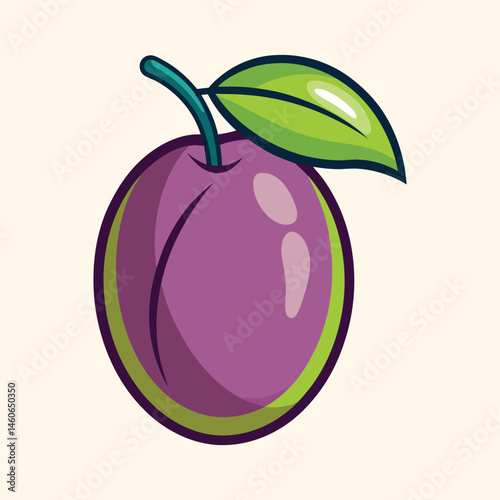 A vibrant illustration of a ripe plum with a single leaf