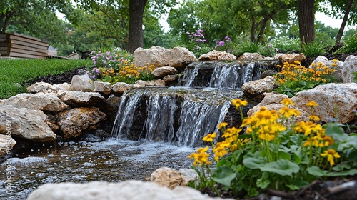 Small waterfalls, flowing water, falling rocks, flowers