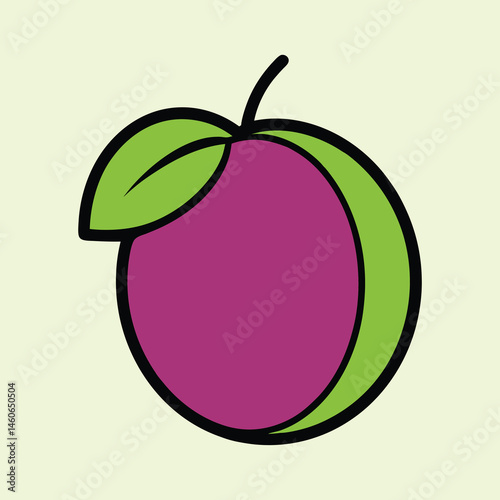 A Simple Cartoon Drawing of a Single Ripe Plum with a Green Leaf