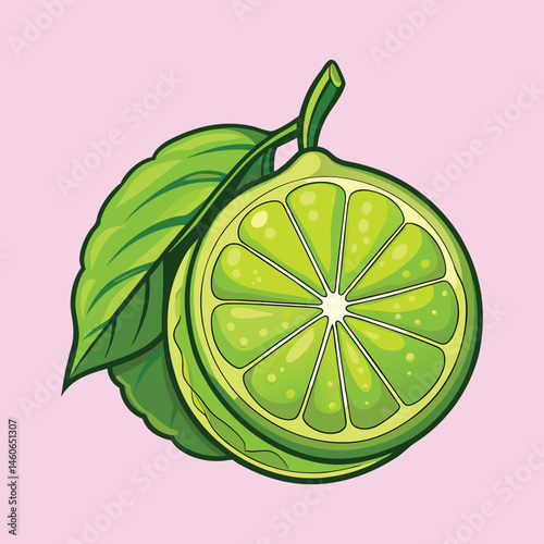 A vibrant illustration of a lime fruit sliced in half showing its juicy segments and surrounded by lush green leaves